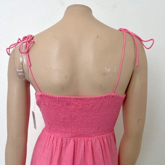 [Old Navy] Pink Linen Blend Square Neck Mini Dress Smocked Tie Straps Sz Large L - Picture 5 of 12